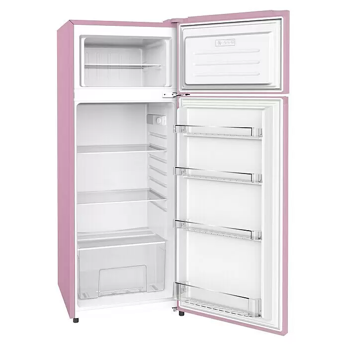 PKM Kühl-Gefrierkombination GK210 2 SP - Nutzinhalt Gesamt: 206 l, 54,5 x 54 x 143 cm, Pink - Offener lavendelfarbener Kühlschrank mit Gefrierfach und zwei Türen, zeigt Innenfächer und -ablagen.