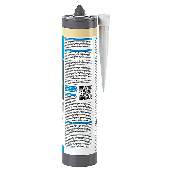 Knauf Naturstein-Silikon - Bahama Beige, 300 ml - Nahaufnahme einer Kartusche Knauf Fugen-Silikon Naturstein mit grauem Aufsatz und weißem Applikator für dauerelastische Fugen.