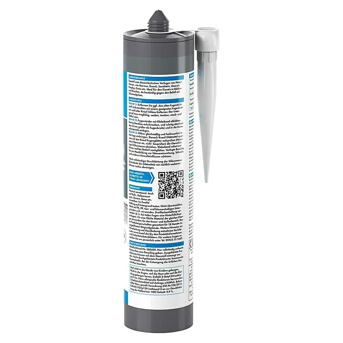 Knauf Naturstein-Silikon - Basalt, 300 ml - Abgebildet ist eine Kartusche Knauf Silikon für Naturstein, ideal für dauerelastische Fugen in Bad & Dusche, resistent gegen Schimmelpilzbefall.