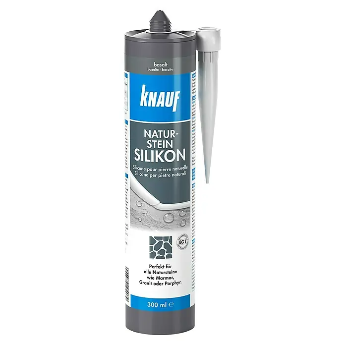 Knauf Naturstein-Silikon - Basalt, 300 ml - Bild einer Tube Knauf Naturstein Silikon in Basaltfarbe, ideal für Natursteine wie Marmor oder Granit.
