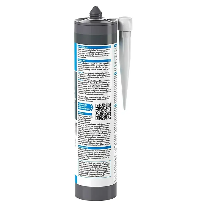Knauf Naturstein-Silikon - Anthrazit, 300 ml - Detailaufnahme einer Kartusche Knauf Silikon, ideal zum Abdichten von Fugen in Bädern und Duschen.