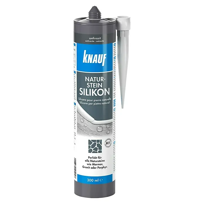 Knauf Naturstein-Silikon - Anthrazit, 300 ml - Abbildung einer Kartusche Knauf Naturstein Silikon, anthrazitfarben, ideal für Marmor, Granit und Porphyr, mit 300 ml Inhalt.\n