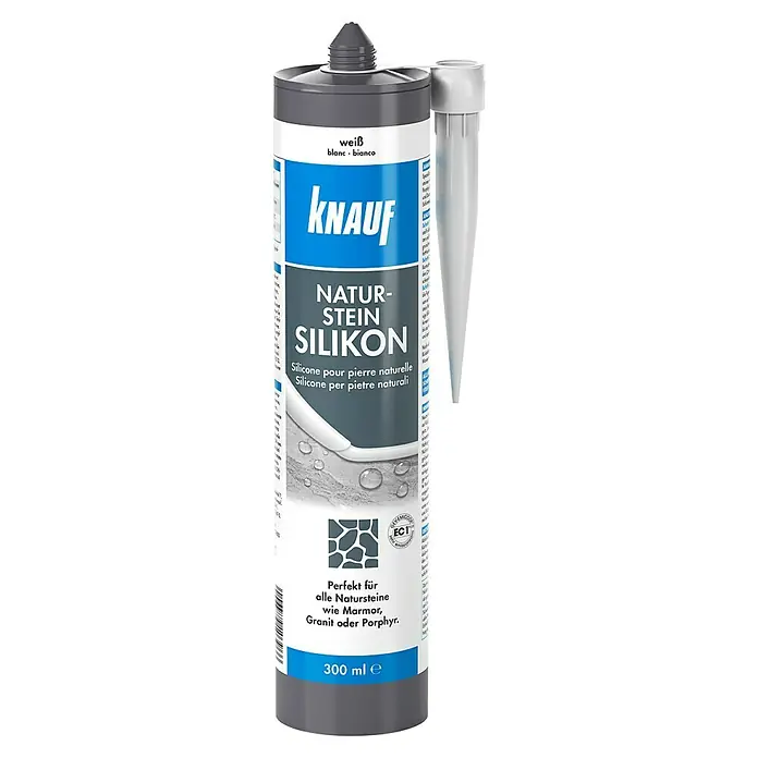 Knauf Naturstein-Silikon - Weiß, 300 ml - Abbildung einer Kartusche Naturstein Silikon von Knauf in Grau und Weiß. Geeignet für Natursteine wie Marmor, Granit oder Porphyr.