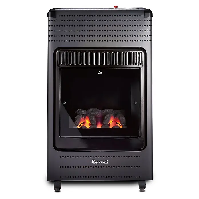 Benavent Estufa de gas llama azul BELADF425 - 3,4 kW, Negro - Imagen de un calefactor Benavent con llamas simuladas y una carcasa negra. El aparato está sobre ruedas y tiene un elemento de control rojo en la parte superior.