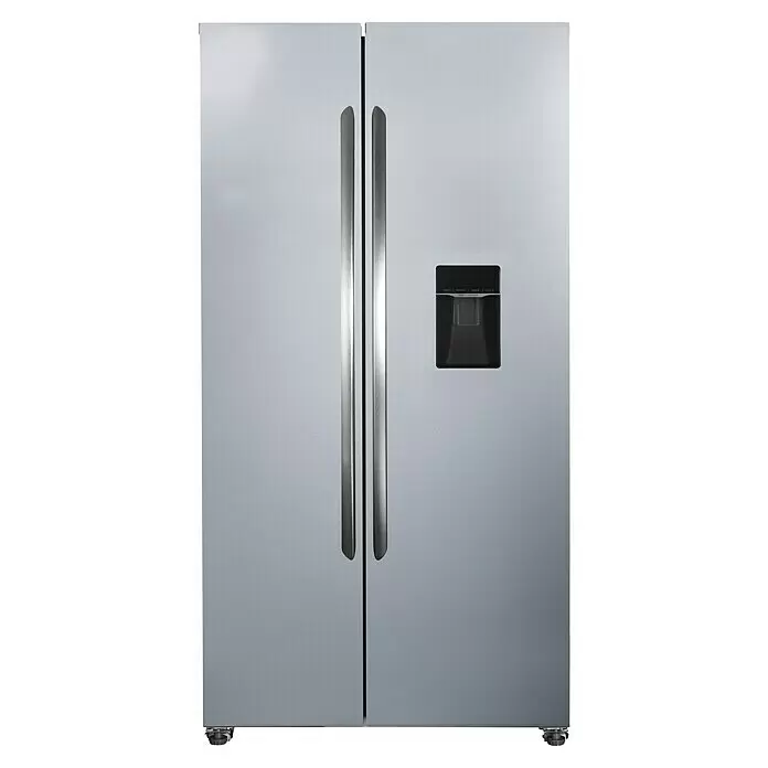 PKM Kühl-Gefrierkombination SBS450NFDWDEIX - Nutzinhalt Gesamt: 439 l, 59 x 90 x 177 cm, Inox-Design - Silberner Side-by-Side-Kühlschrank mit zwei Türen und integriertem Wasserspender.