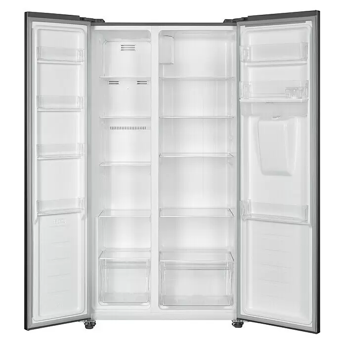 PKM Kühl-Gefrierkombination SBS450NFDWDEIX - Nutzinhalt Gesamt: 439 l, 59 x 90 x 177 cm, Inox-Design - Geöffneter Side-by-Side-Kühlschrank mit weißem Innenraum, klaren Regalen und durchsichtigen Schubladen.