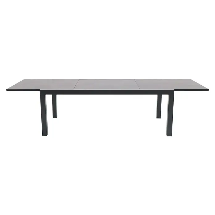 Sunfun Maja Gartenmöbel-Set - 9 -tlg., Aluminium, Naturstein, Textilen, Anthrazit - Moderner Esstisch mit grauem Tischblatt und schlichtem, dunklem Metallgestell. Ideal für stilvolle Esszimmer und gesellige Runden.