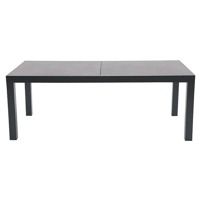 Sunfun Maja Gartenmöbel-Set - 9 -tlg., Aluminium, Naturstein, Textilen, Anthrazit - Abbildung eines modernen Esstisches mit einer grauen Tischplatte und einem robusten, dunklen Metallgestell, ideal für stilvolle Esszimmer.
