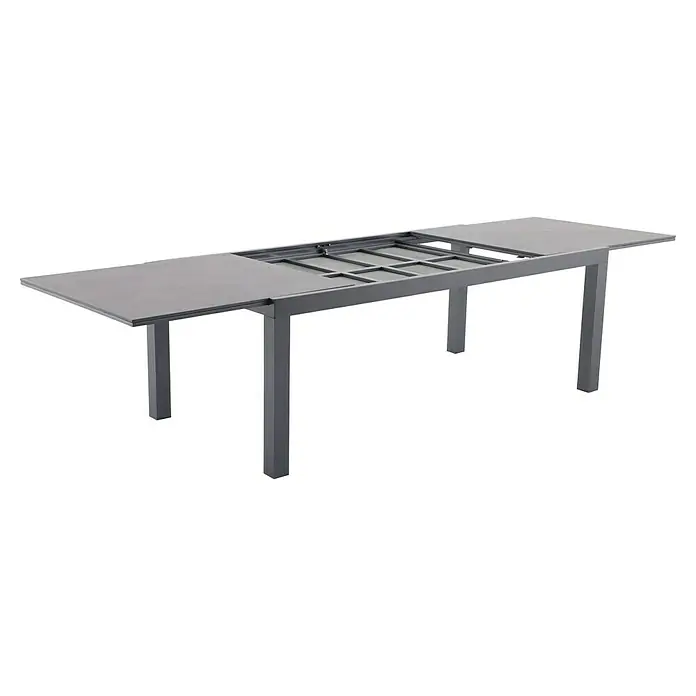 Sunfun Gartenmöbel-Set Maja Stone/Deluxe - 7 -tlg., Night-Grey, Ausziehbar - Ausziehbarer Esstisch mit einer grauen Tischplatte und einem Gestell aus Metall, ideal für den Innen- und Außenbereich.