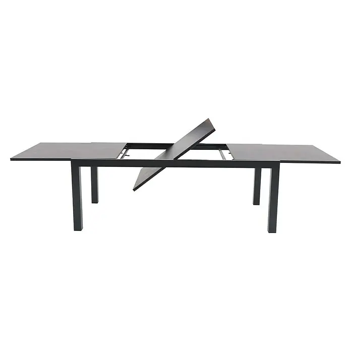 Sunfun Maja Gartenmöbel-Set Stone - 9 -tlg., Sintered Stone, Aluminium, Textilen, Anthrazit, Tischplatte ausziehbar - Ausziehbarer Esstisch mit einer grauen Tischplatte und einem schwarzen Metallgestell für den Innen- und Außenbereich.