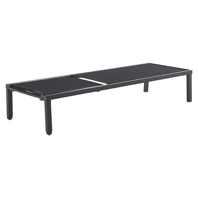 Sunfun Maja Gartenliege Design - Metall, Anthrazit, Rückenlehne verstellbar - Aufnahme eines modernen schwarzen Tisches mit rechteckiger Glasplatte und elegantem Metallrahmen, ideal für stilvolle Wohnräume.