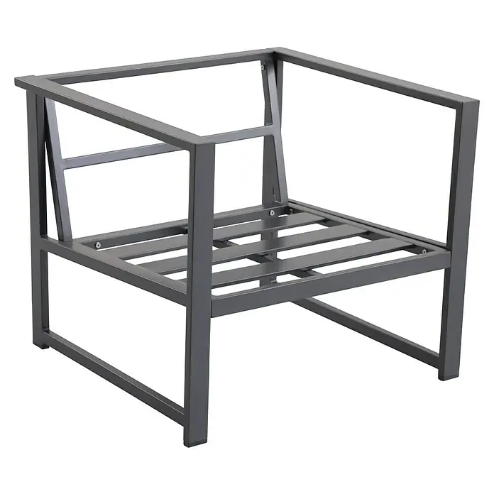 Sunfun Maja Slim Loungesessel - B x T x H: 75 x 72 x 65 cm, Aluminium, Anthrazit - Das Bild zeigt das Gestell eines modernen Sessels. Das Gestell ist aus grauem Metall gefertigt und hat eine kubische Form.