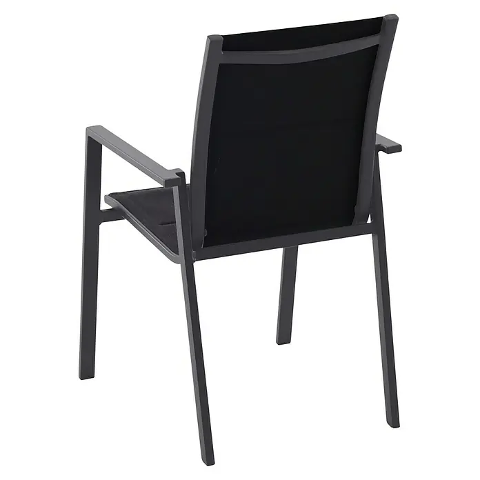 Sunfun Gartenmöbel-Set Melina/Maja - 7 -tlg., Akazie, Aluminium, Textilen, Schwarz/Grau - Rückansicht eines schwarzen Gartenstuhls mit Armlehnen. Das Gestell ist aus robustem, dunklem Metall gefertigt, ideal für den Außenbereich.
