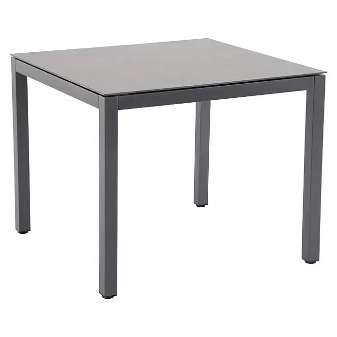 Sunfun Balkonmöbel-Set Maja/Gastro - 3 -tlg., Aluminium, Sintered Stone, Polywood, Grau/Braun, Gartenstuhl stapelbar - Moderner quadratischer Tisch mit grauem Metallgestell und hellgrauer Tischplatte.