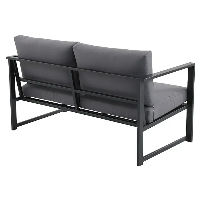 Sunfun Maja Slim Loungesofa - B x T x H: 140 x 72 x 65 cm, Anthrazit, 2-Sitzer - Rückansicht eines grauen Sofas mit Metallrahmen und gepolsterten Kissen.