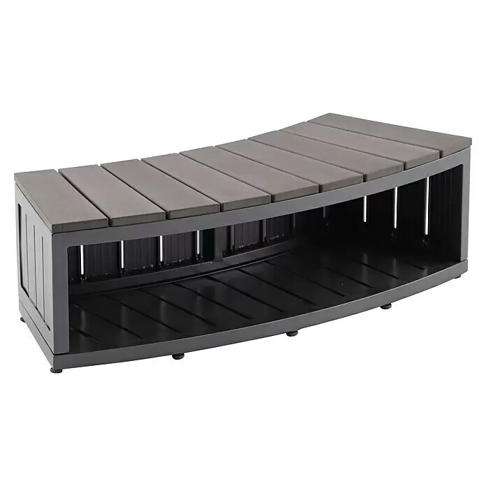 Malibu Whirlpool-Umrandung Set - Anthrazit, 3 -tlg. - Gebogene Outdoor-Sitzbank mit Stauraum, grauer Holz-Kunststoff-Auflage und dunkelgrauem Metallrahmen mit offenem Lattenrostboden.