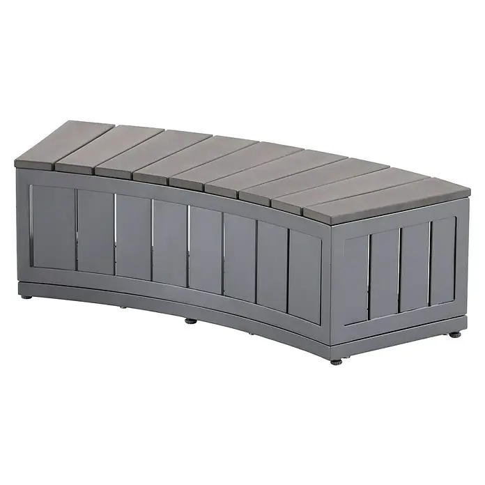 Malibu Whirlpool-Umrandung - B x T x H: 85 x 35 x 26 cm, Anthrazit - Eine gebogene Aufbewahrungsbox mit einer grauen Holzplatte und einem grauen Rahmen, ideal für den Außenbereich.