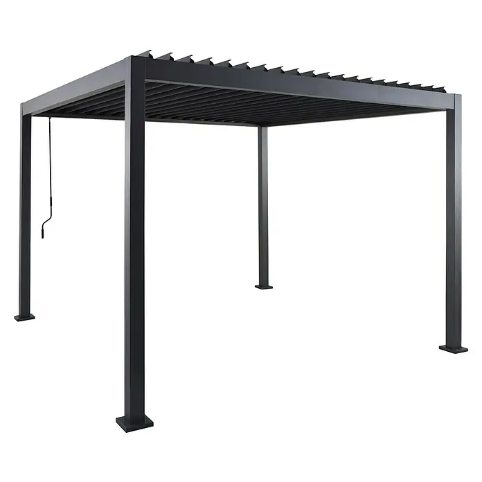 Sunfun Gartenmöbel-Set Maja/Milos - 8 -tlg., Night-Grey, Ausziehbar - Eine stilvolle, graue Pergola mit verstellbaren Lamellen bietet Schatten und Schutz im Außenbereich. Das moderne Design passt perfekt in jeden Garten.