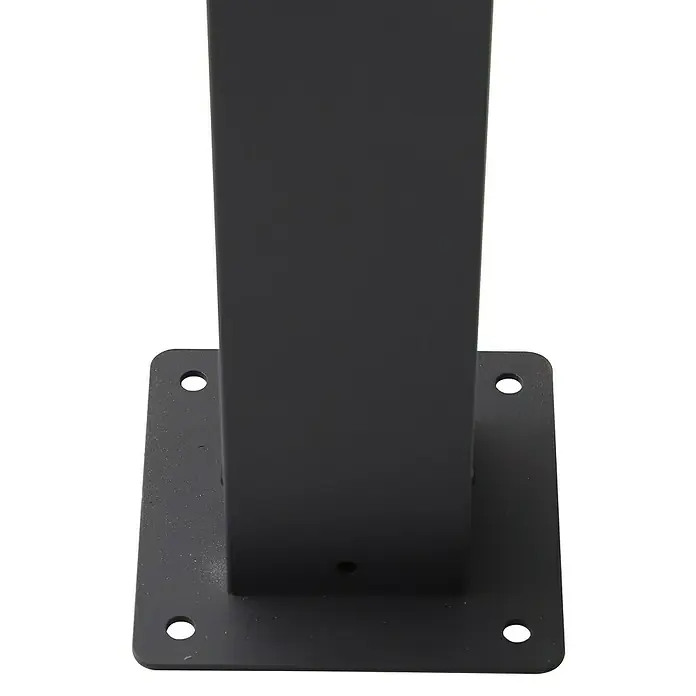 Sunfun Milos Lamellenpavillon - B x T: 294 x 294 cm, Farbe Gestell: Night-Grey, Aluminium - Detailansicht eines schwarzen Metallpfostens mit quadratischer Basis und Befestigungslöchern für eine stabile Installation.