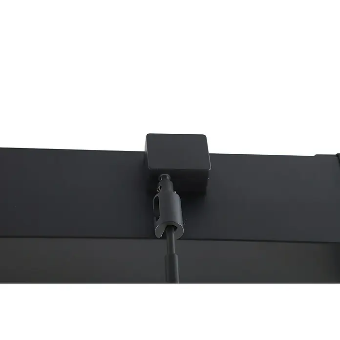 Sunfun Milos Pergola - B x T: 294 x 294 cm, Farbe Gestell: Night-Grey, Aluminium - Detailaufnahme eines schwarzen, quadratischen Magneten mit Halterung, befestigt an einer Metalloberfläche. Ideal zur Befestigung von Schildern oder Bannern.