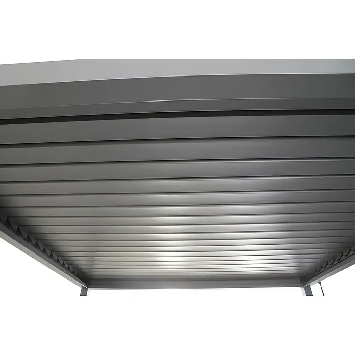 Sunfun Milos Lamellenpavillon - B x T: 294 x 294 cm, Farbe Gestell: Night-Grey, Aluminium - Blick von unten auf eine graue Lamellenüberdachung, die sich durch ein modernes Design und hochwertige Materialien auszeichnet.