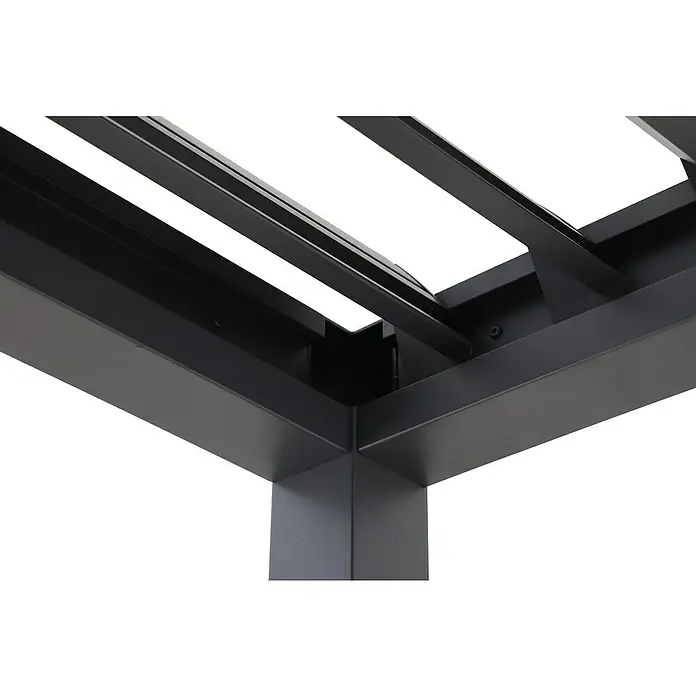 Sunfun Milos Lamellenpavillon - B x T: 294 x 294 cm, Farbe Gestell: Night-Grey, Aluminium - Detailaufnahme eines schwarzen Pavillons, der durch sein modernes Design und die klare Linienführung besticht. Die Konstruktion wirkt robust und stilvoll.