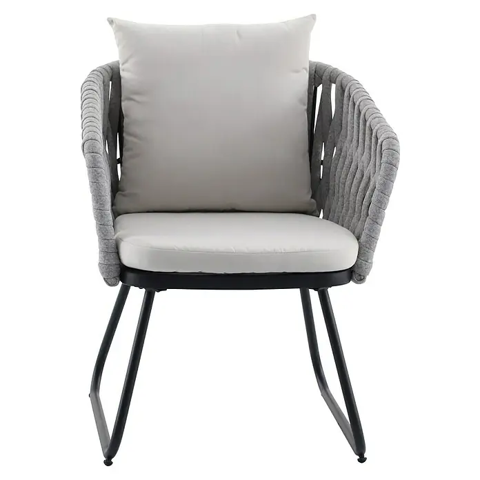 Sunfun Maja Gartensessel - Seilgeflecht, Grau-Beige, B x T x H: 64 x 65 x 77 cm - Moderner Stuhl mit grauem Kissen und Seil-Design. Der Stuhl hat ein schwarzes Metallgestell und eine bequeme Sitzfläche.