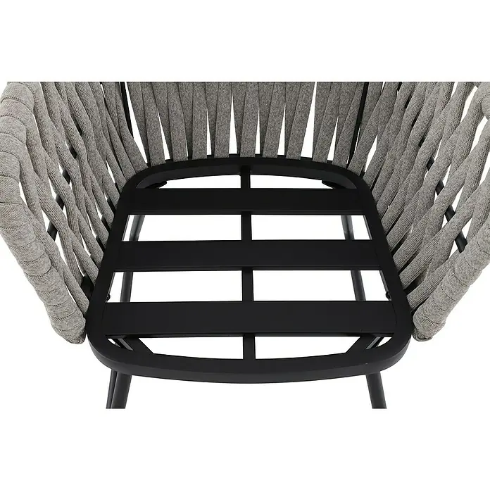 Sunfun Maja Gartensessel - Seilgeflecht, Grau-Beige, B x T x H: 64 x 65 x 77 cm - Nahaufnahme eines modernen Stuhls mit grauem Seilgeflecht und schwarzem Metallgestell. Das Design ist minimalistisch und stilvoll.