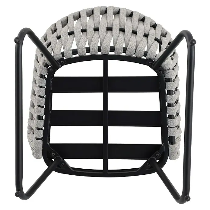 Sunfun Maja Gartensessel - Seilgeflecht, Grau-Beige, B x T x H: 64 x 65 x 77 cm - Unteransicht eines Stuhls mit grauem, geflochtenem Sitz und Rückenlehne auf schwarzem Metallgestell.