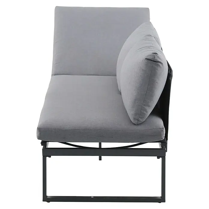 Sunfun Maja Slim Loungesofa mit Liegefunktion - B x T x H: 198 x 67 x 64,5 cm, Anthrazit - Nahaufnahme eines grauen modularen Ecksofas mit Metallrahmen, das modernes Design und Komfort ausstrahlt. Ideal für stilvolle Wohnbereiche.