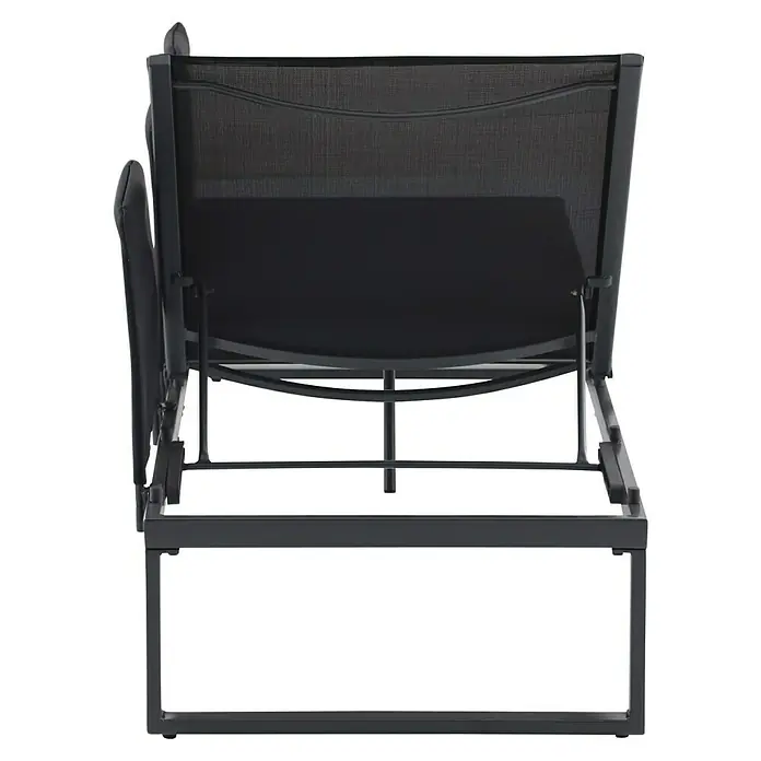 Sunfun Maja Slim Loungesofa mit Liegefunktion - B x T x H: 198 x 67 x 64,5 cm, Anthrazit - Eine Nahaufnahme eines stilvollen, grauen Liegestuhls mit verstellbarer Rückenlehne und einem robusten Metallrahmen. Perfekt für entspannte Stunden im Garten.