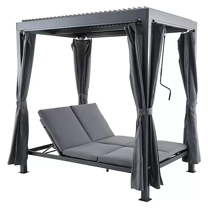 Sunfun Maja Loungeliege - L x B x H: 222 x 159 x 230 cm, Metall, Grau - Graue Metall-Pergola mit festgebundenen Vorhängen und verstellbarem, gepolstertem Liegebett für den Außenbereich.