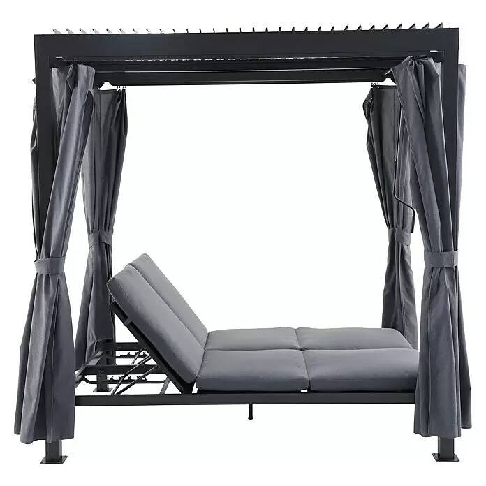 Sunfun Maja Loungeliege - L x B x H: 222 x 159 x 230 cm, Metall, Grau - Dunkelgraues Outdoor-Tagesbett mit verstellbarer Rückenlehne, Pergola-Dach und passenden grauen Vorhängen.