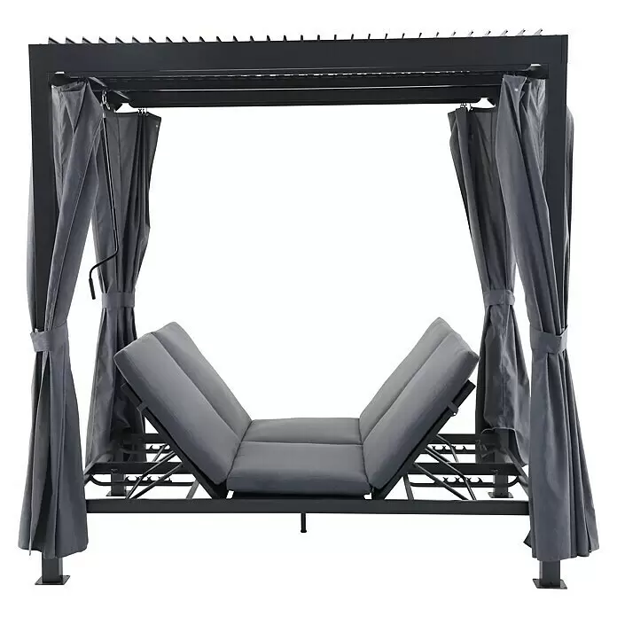 Sunfun Maja Loungeliege - L x B x H: 222 x 159 x 230 cm, Metall, Grau - Dunkelgraue Metallpergola mit verstellbaren grauen Polstern und Sichtschutzvorhängen.