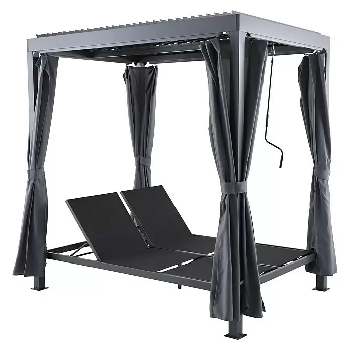 Sunfun Maja Loungeliege - L x B x H: 222 x 159 x 230 cm, Metall, Grau - Graue Metallpergola mit verstellbaren Dachlamellen, dunkelgrauen Vorhängen und zwei integrierten Sonnenliegen.