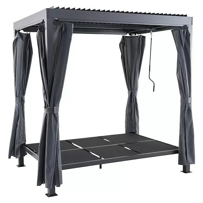 Sunfun Maja Loungeliege - L x B x H: 222 x 159 x 230 cm, Metall, Grau - Dunkelgraue Metallpergola mit verstellbarem Lamellendach und zurückgebundenen Stoffvorhängen für den Außenbereich.