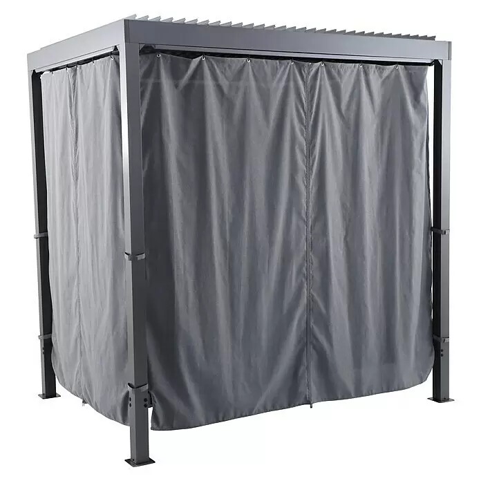 Sunfun Maja Loungeliege - L x B x H: 222 x 159 x 230 cm, Metall, Grau - Grauer Metall-Pavillon mit Lamellendach und grauen Stoff-Sichtschutzvorhängen.