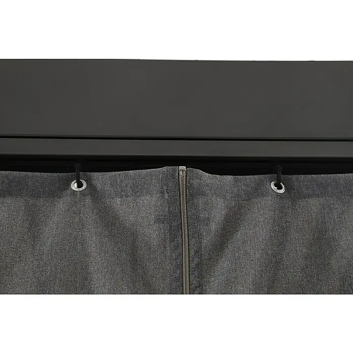 Sunfun Maja Loungeliege - L x B x H: 222 x 159 x 230 cm, Metall, Grau - Nahaufnahme des grauen, blickdichten Vorhangs mit Reißverschluss und Ösen zur Befestigung an einer Gardinenstange.