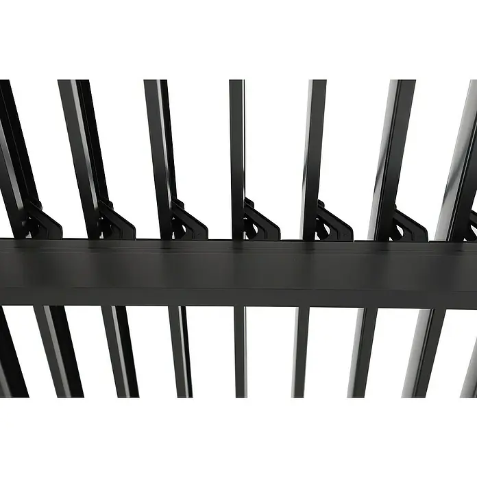 Sunfun Maja Loungeliege - L x B x H: 222 x 159 x 230 cm, Metall, Grau - Nahaufnahme einer schwarzen Pergola mit verstellbaren Lamellen für Schatten und Wetterschutz im Außenbereich.