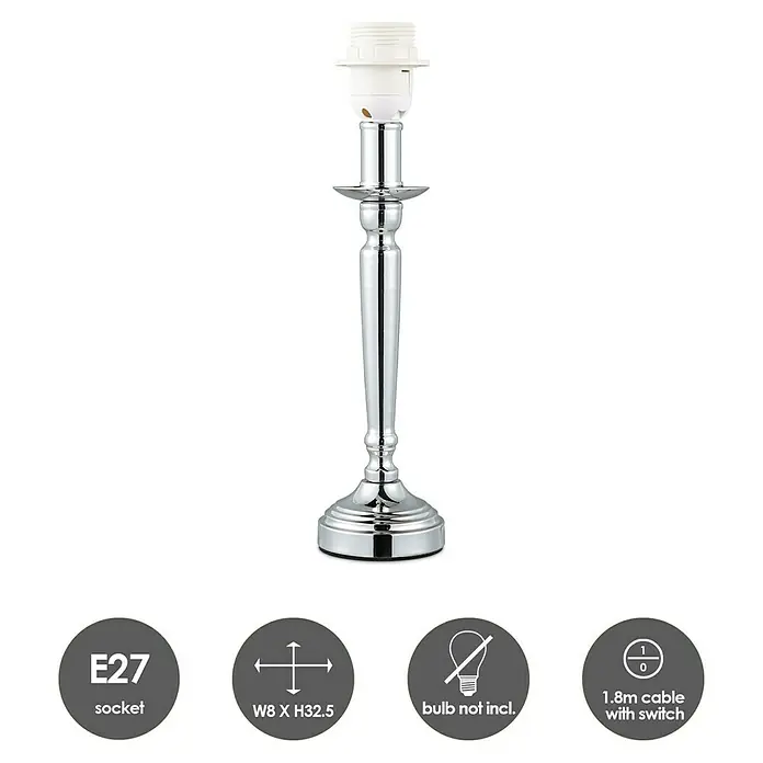 Home Sweet Home Lampenfuß Baroc - 60 W, Farbe: Chrom, Höhe: 28,5 cm - Produktabbildung einer polierten silberfarbenen Tischleuchte mit E27 Fassung und 1,8m Kabel. Die Lampe ist ohne Leuchtmittel.