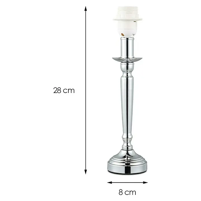 Home Sweet Home Lampenfuß Baroc - 60 W, Farbe: Chrom, Höhe: 28,5 cm - Nahaufnahme einer schlanken, silbernen Lampe mit weißer Fassung und Maßangaben.