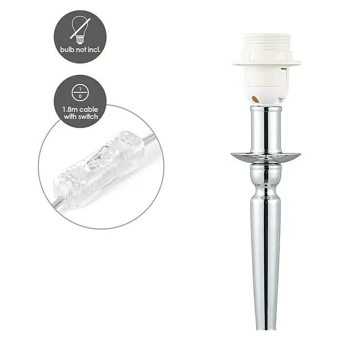 Home Sweet Home Lampenfuß Baroc - 60 W, Farbe: Chrom, Höhe: 28,5 cm - Produktansicht einer Tischleuchte mit Details zum Schalter und Hinweis, dass die Glühbirne nicht enthalten ist.