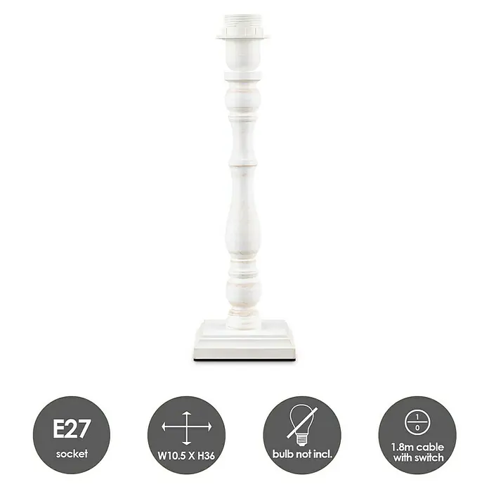 Home Sweet Home Lampenfuß Woodi - 40 W, Farbe: Vintage Weiß, Höhe: 38 cm, Eckig - Produktabbildung einer weißen dekorativen Lampenfuß mit E27-Fassung und Schalter. Die Lampe hat eine Höhe von 36cm.