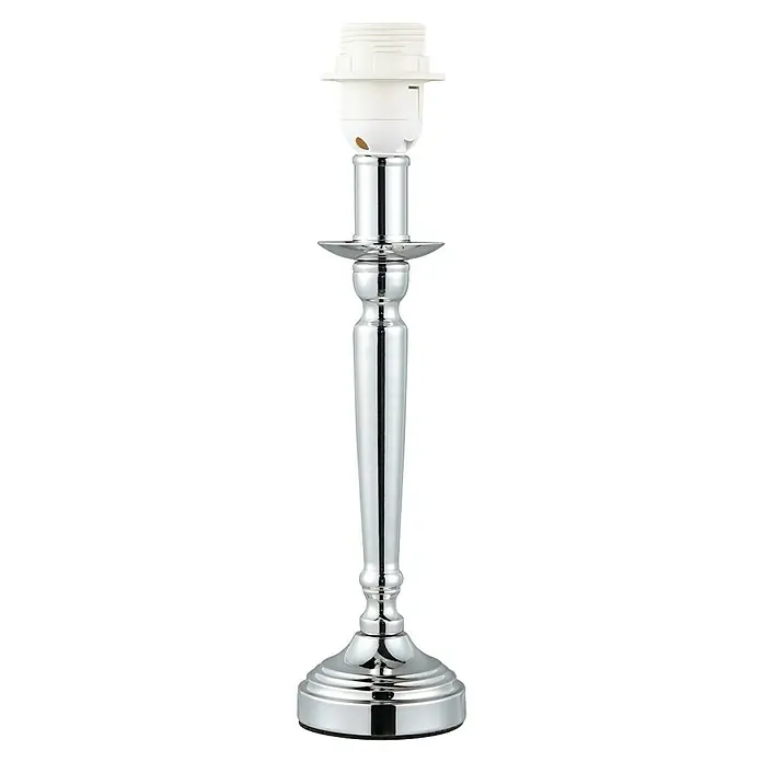Home Sweet Home Lampenfuß Baroc - 60 W, Farbe: Chrom, Höhe: 28,5 cm - Eine silberne, glänzende Tischleuchte ohne Lampenschirm mit einem weißen Lampensockel. Das Licht ist elegant und schlicht.
