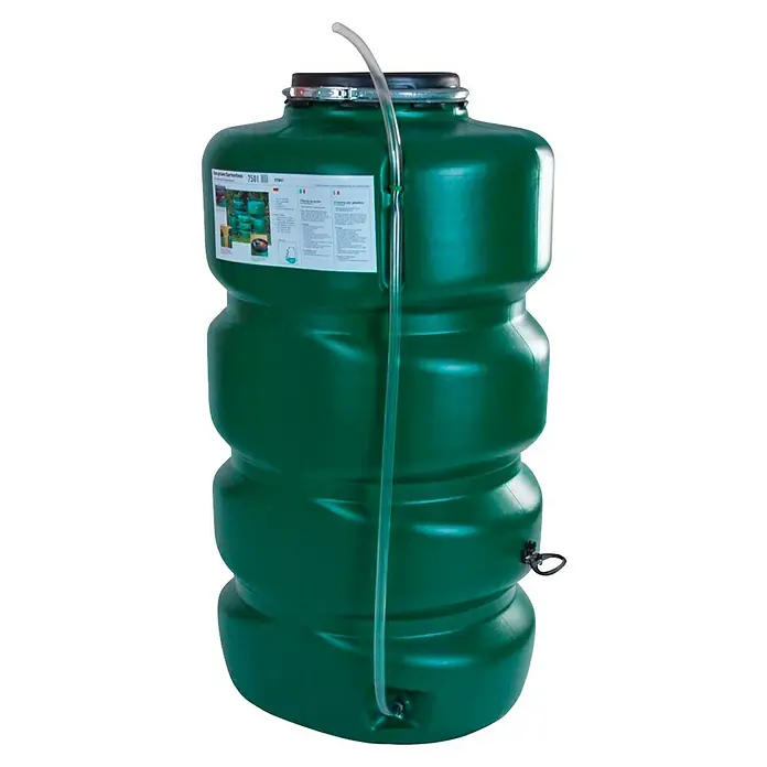Garantia Basic Line Regentonne - 750 l, Grün - Grüne Regentonne mit transparentem Schlauch und Hahn zur Gartenbewässerung, ideal für umweltbewusste Gartenarbeit.