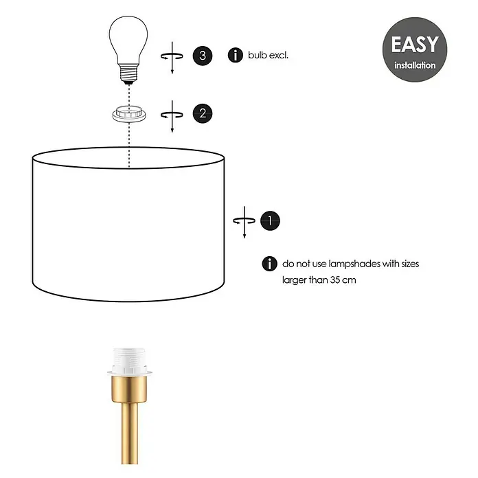 Home Sweet Home Lampenfuß Stick - 40 W, Farbe: Messing, Höhe: 39 cm - Montageanleitung für eine Lampe. Schritt-für-Schritt-Anleitung mit einer Glühbirne, einem Lampenschirm und einem Lampenfuß. Einfache Installation wird hervorgehoben.
