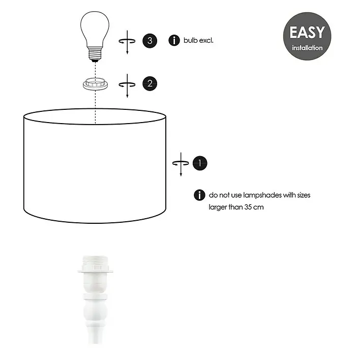 Home Sweet Home Lampenfuß Woodi - 40 W, Farbe: Weiß, Höhe: 38 cm, Eckig - Montageanleitung für eine Lampe, die die Reihenfolge der Installation von Lampenschirm, Lampenfassung und Glühbirne zeigt.
