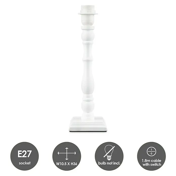 Home Sweet Home Lampenfuß Woodi - 40 W, Farbe: Weiß, Höhe: 38 cm, Eckig - Produktabbildung einer Tischleuchte mit E27 Fassung, ohne Glühbirne, mit 1.8m Kabel und Schalter. Größe W10.5 x H36.