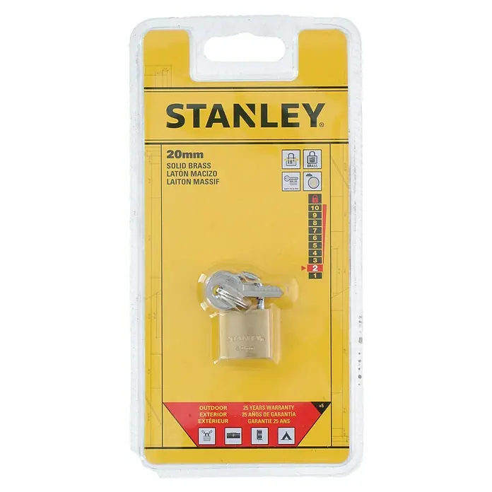 Stanley Candado - Ancho: 20 mm, Latón - Un candado de latón macizo Stanley de 20 mm con llaves, ideal para uso en exteriores y con una garantía de 25 años.