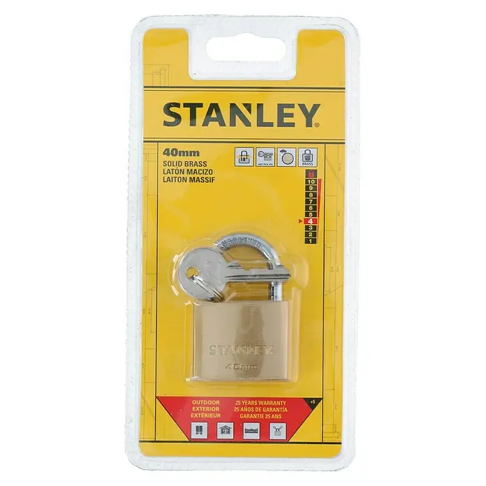 Stanley Candado - Ancho: 40 mm, Latón - Candado de latón macizo Stanley de 40 mm, ideal para uso exterior y con 25 años de garantía para una seguridad fiable.
